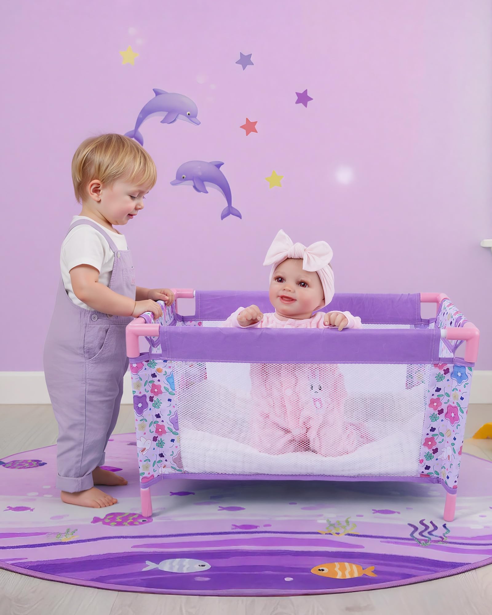 BABESIDE purple nap-time scene encourages cozy storytelling for dolls.