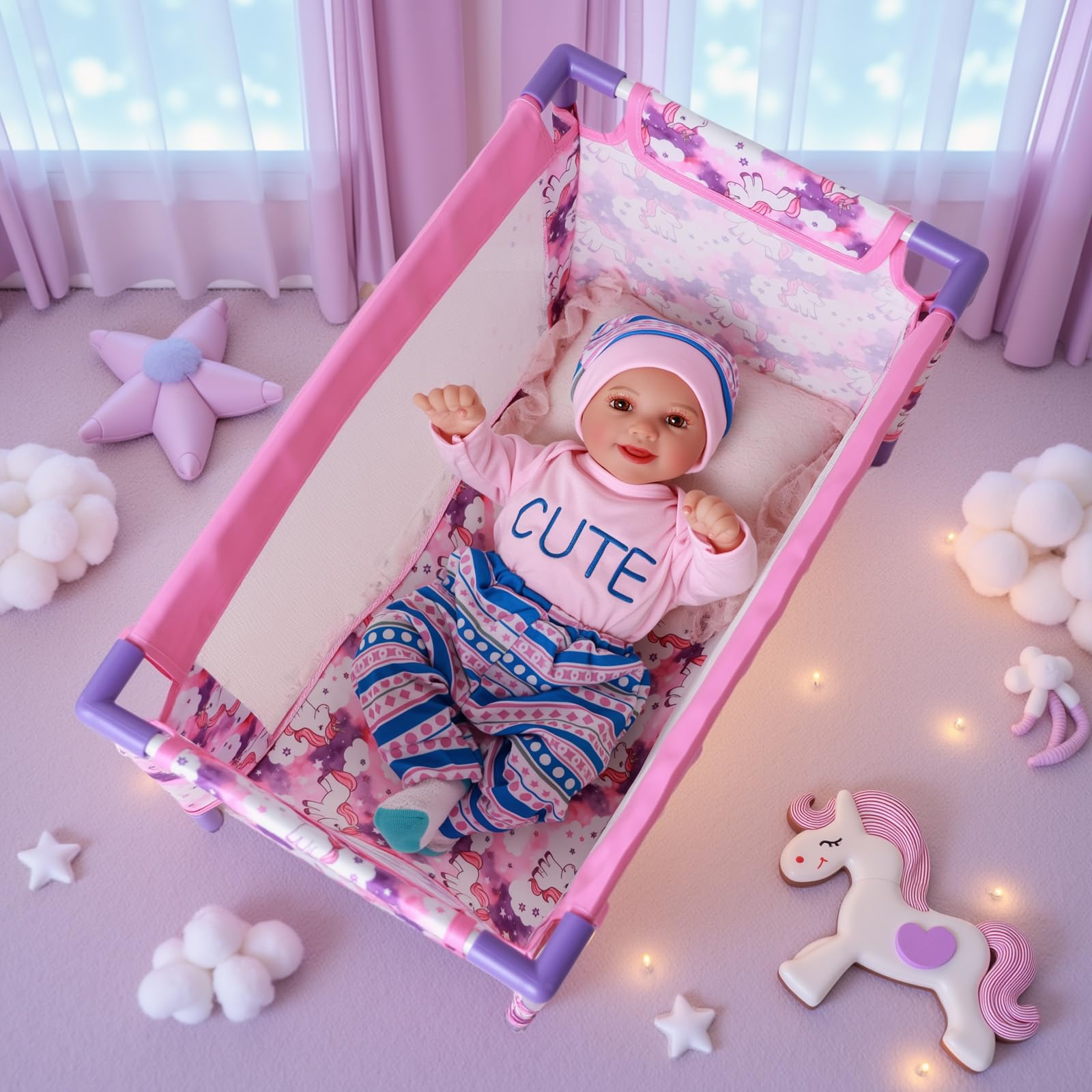 BABESIDE purple doll bed with playful animal graphic for kids.