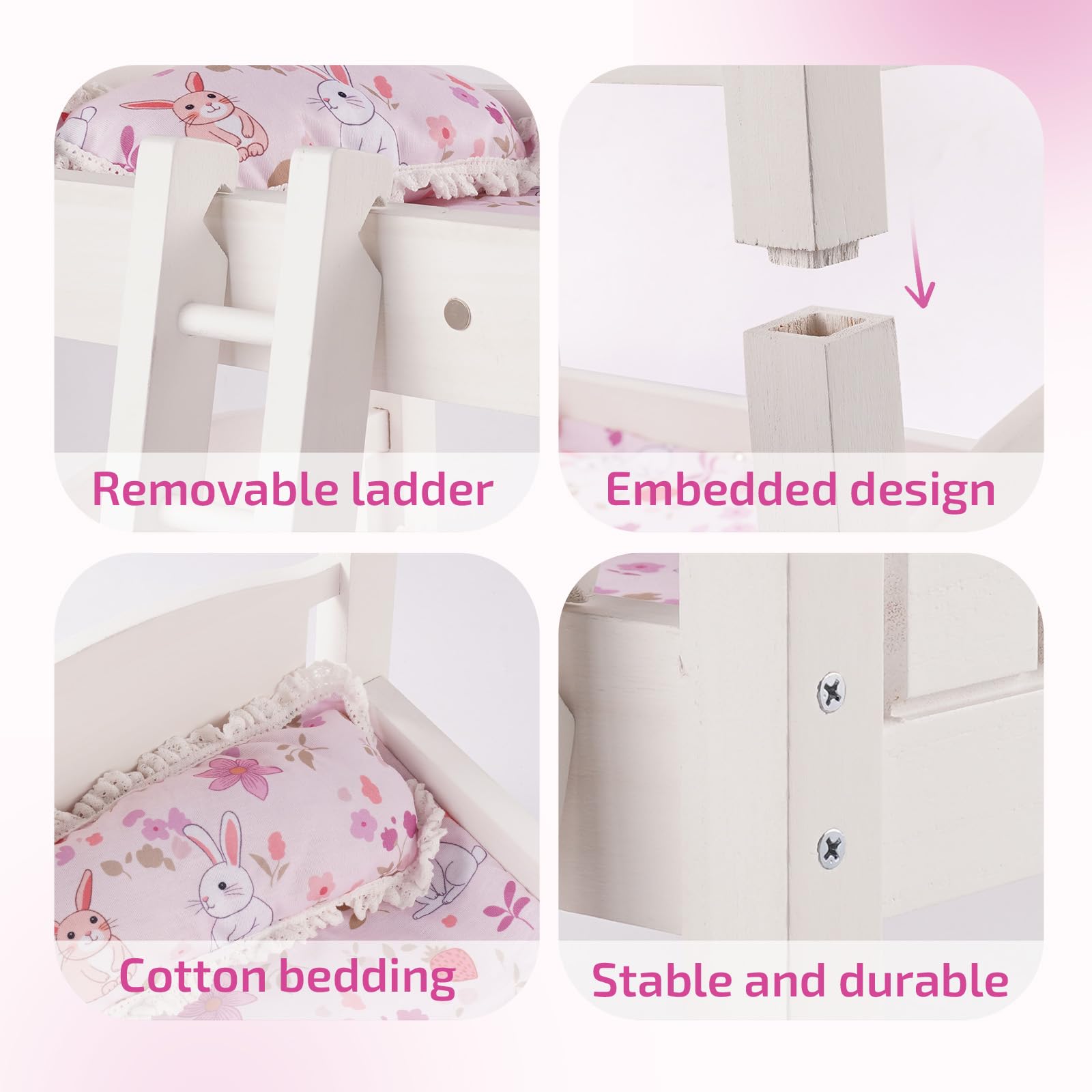 Babeside white bunk bed with pink bedding creates a cozy pretend-play scene.