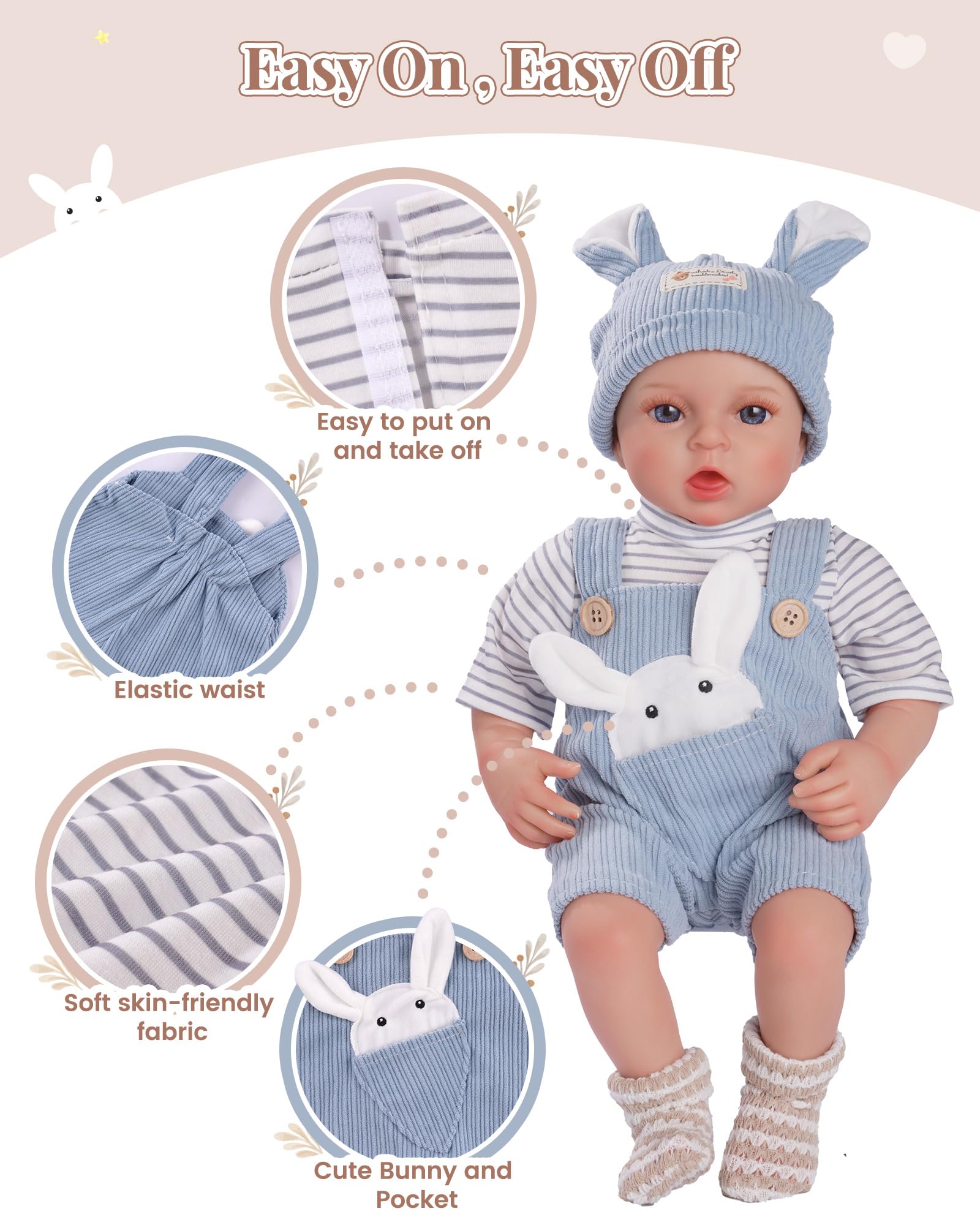 BABESIDE blue overalls completing the four-piece doll outfit set