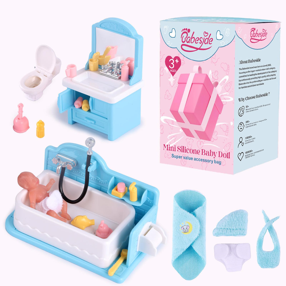 BABESIDE mini silicone baby doll blue pose highlights lifelike skin for imaginative play sessions.