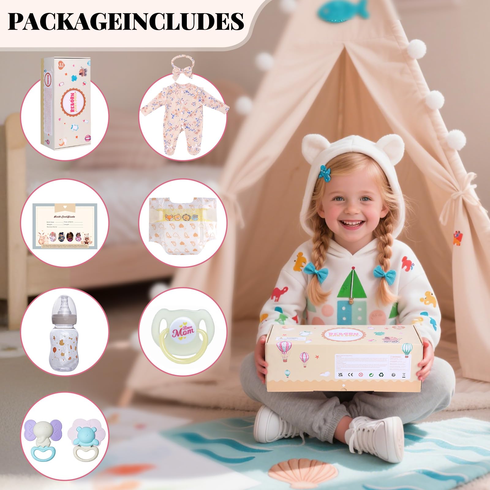 BABESIDE nursing bottle and pacifier for realistic feeding play.