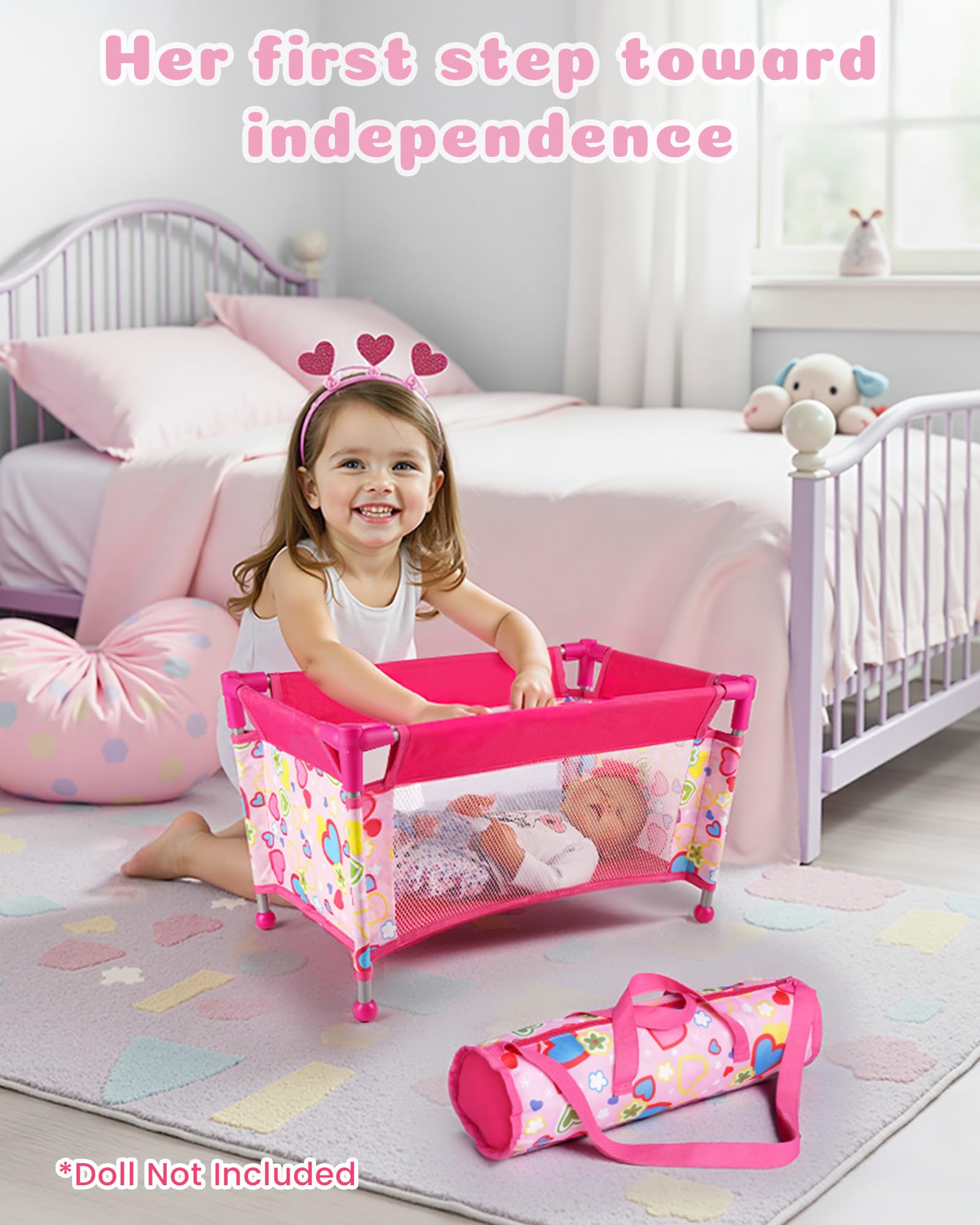 BABESIDE portable doll bed in pink invites tidy, on-the-go doll care.