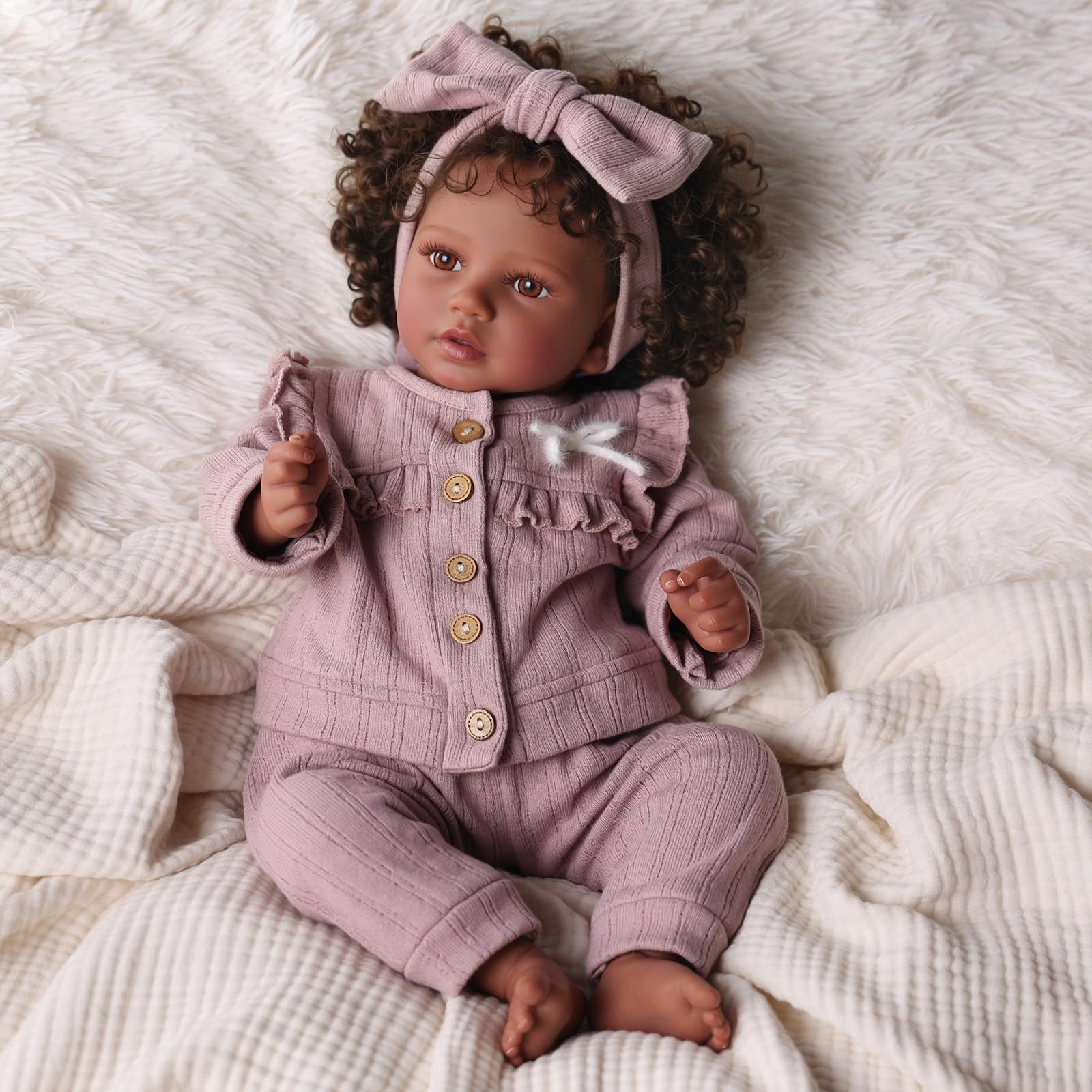 BABESIDE Callie outfit features a pink dress with wooden buttons for adorable dress-up moments.