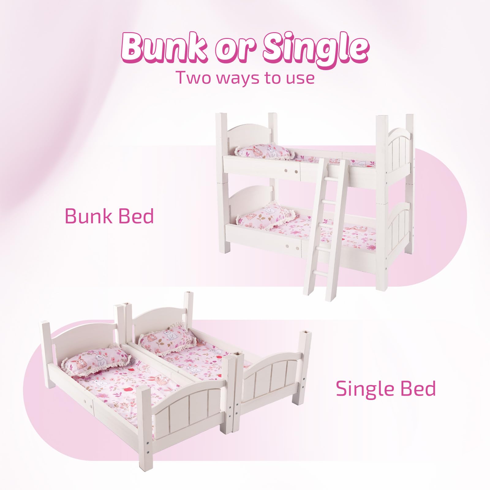 Babeside doll bunk bed with removable ladder, safe access for dolls.