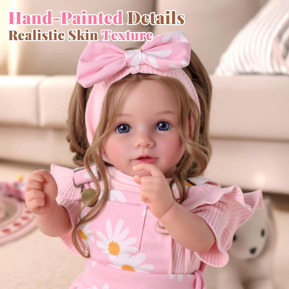 BABESIDE Reborn doll with rooted brown hair offers natural styling during pretend care.