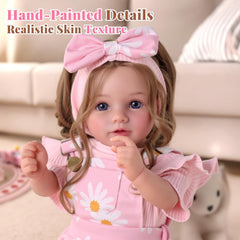 BABESIDE Reborn doll with rooted brown hair offers natural styling during pretend care.