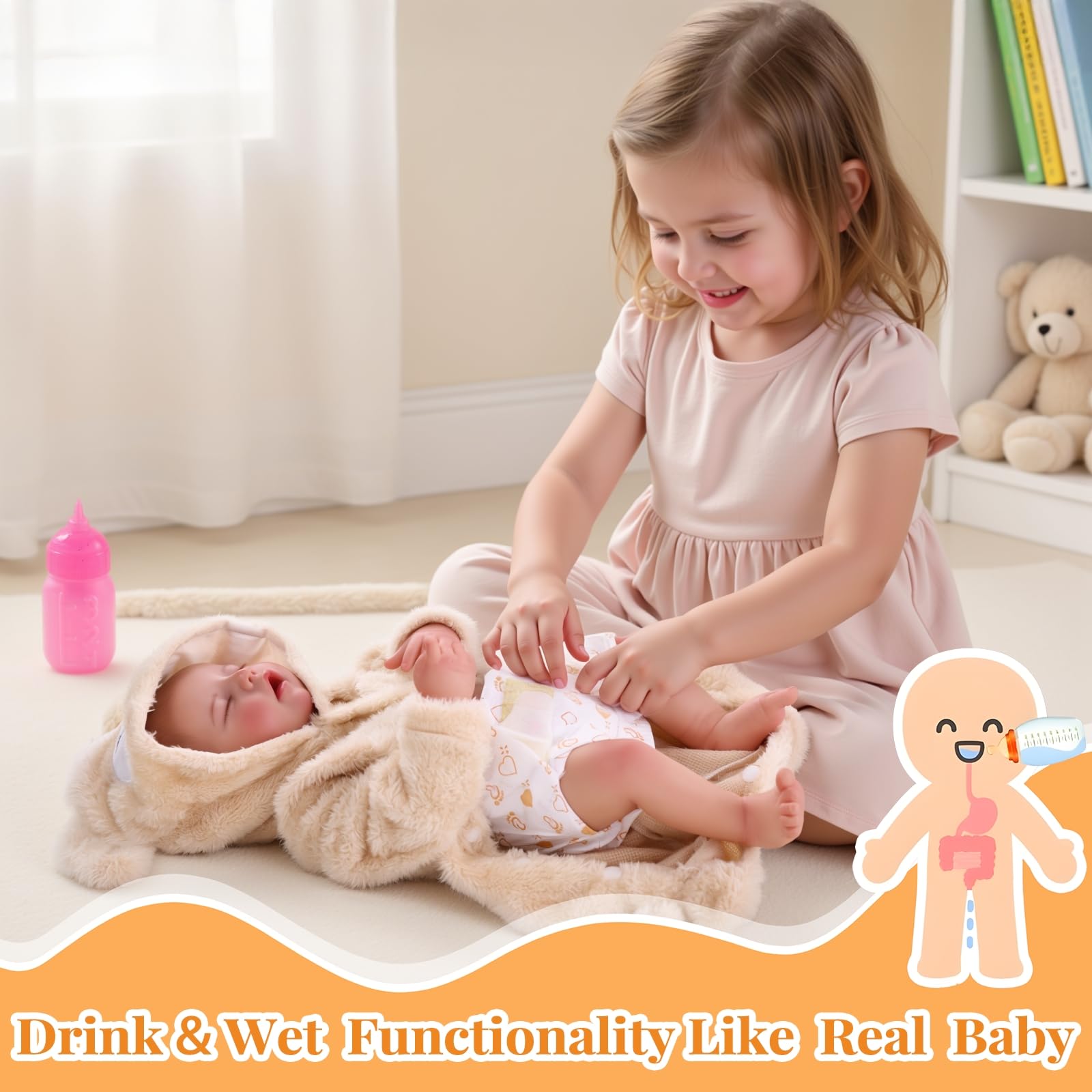 BABESIDE soft vinyl body offers cuddly, lifelike hugs and flexible posing.