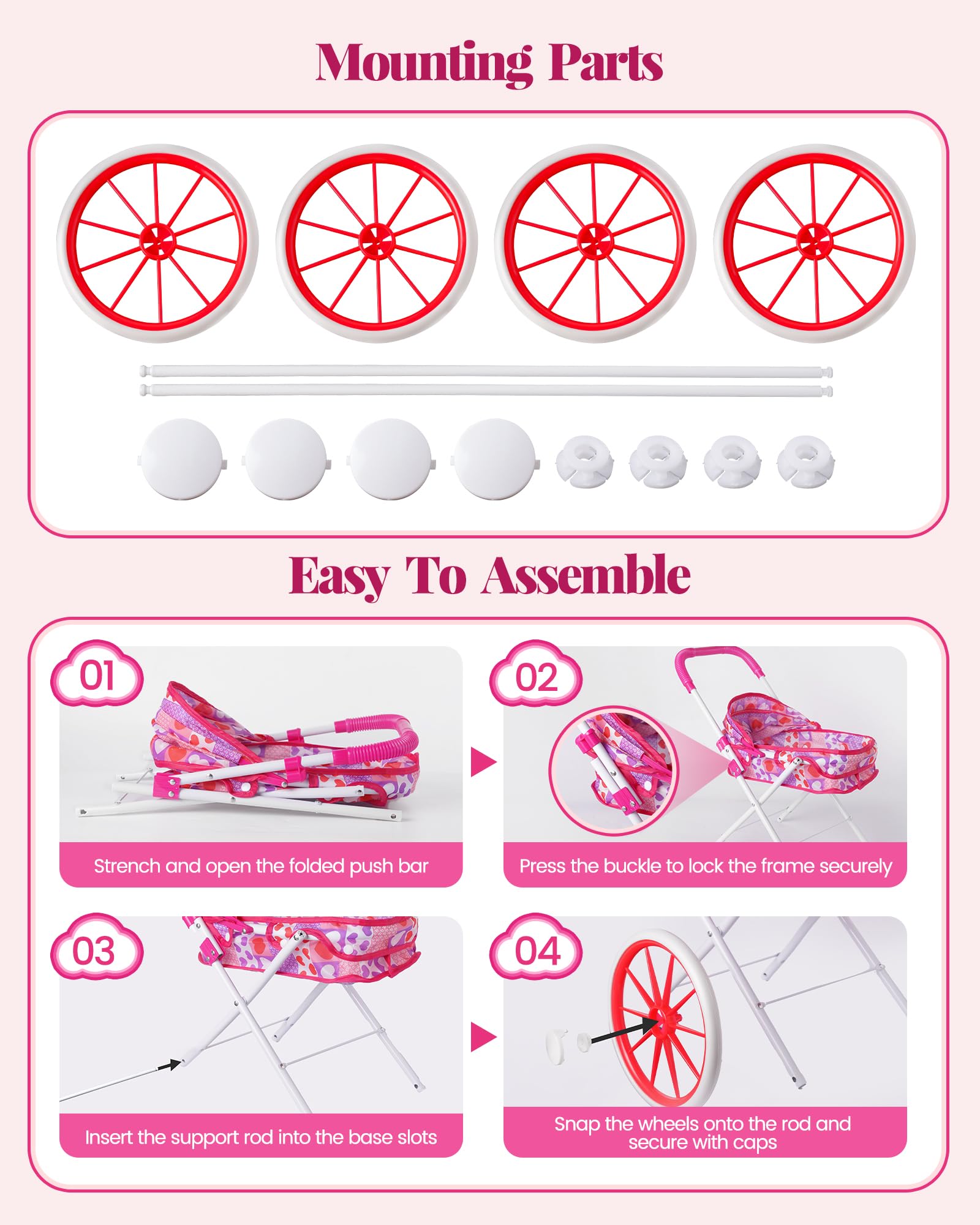 BABESIDE sturdy wheels ensure easy maneuverability of the doll stroller