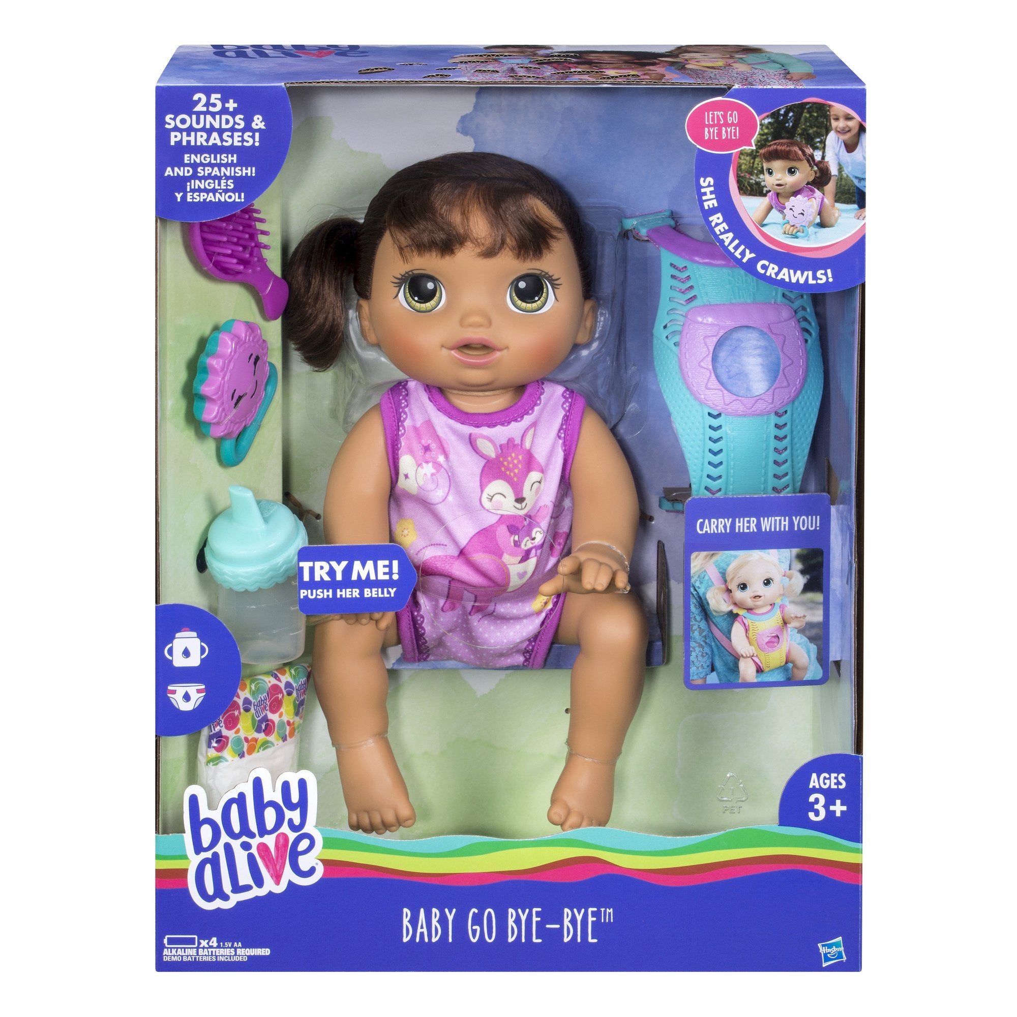 Baby Alive carrier on the go holds the Brunette doll during adventures.