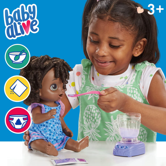 Baby Alive blueberry doll food packet used with blender for pretend meals.