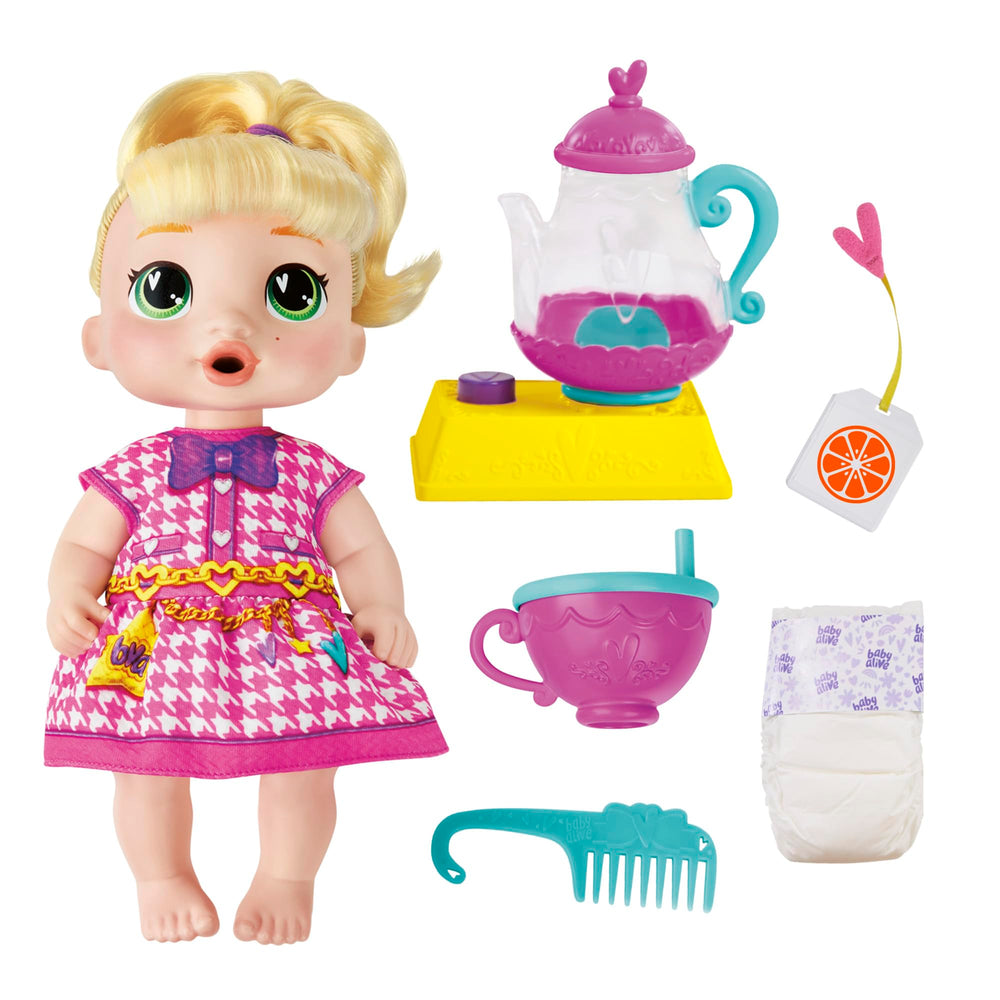 Baby Alive LaLa GooGoo doll enjoys bubbly tea during imaginative play