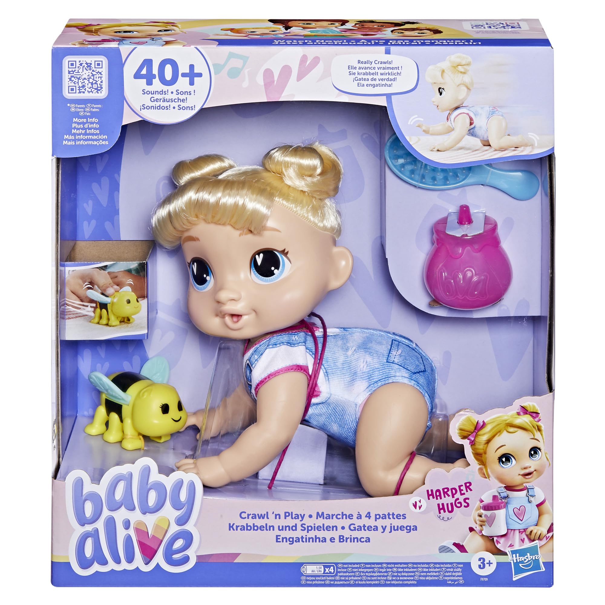 Baby Alive Harper Hugs crawling doll front view encourages imaginative caregiving.