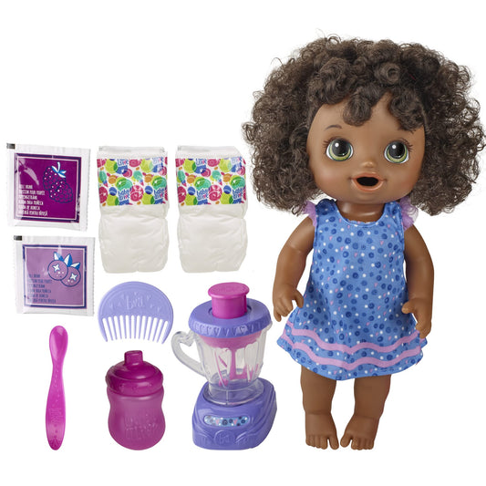 Baby Alive Magical Mixer Blender shows real blending for pretend blueberry treats.
