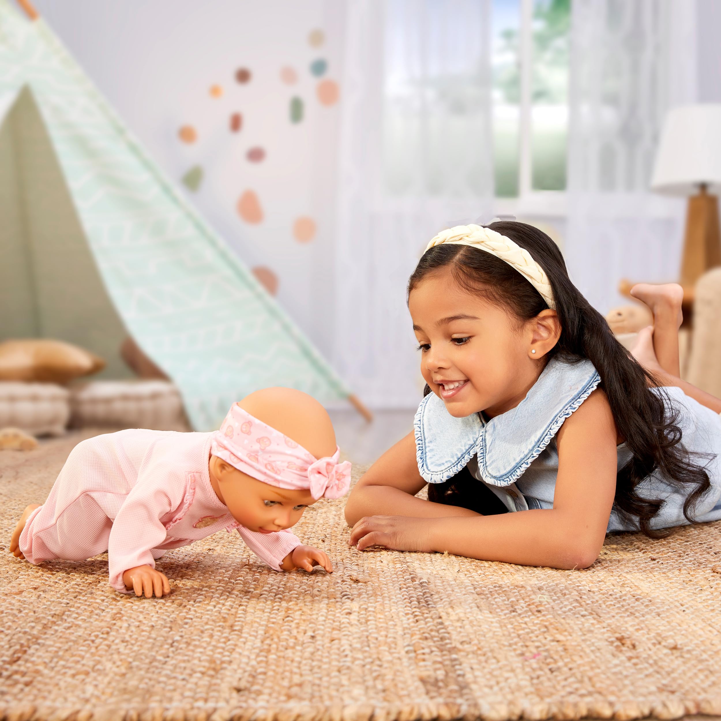 First steps with BABY born Olivia: guide her hands and support her to stand for early walking
