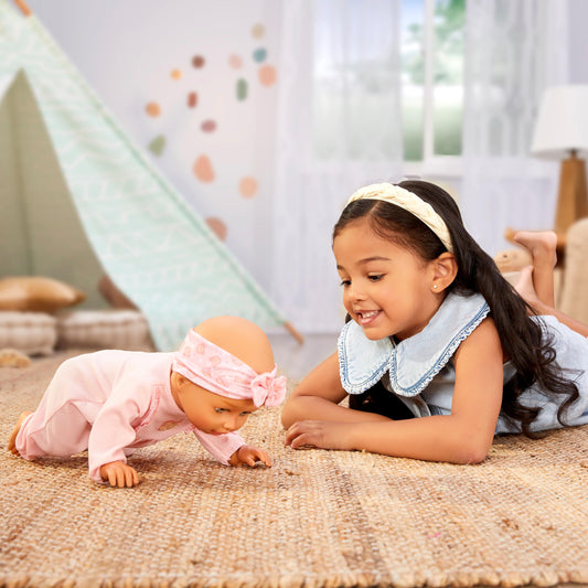 First steps with BABY born Olivia: guide her hands and support her to stand for early walking