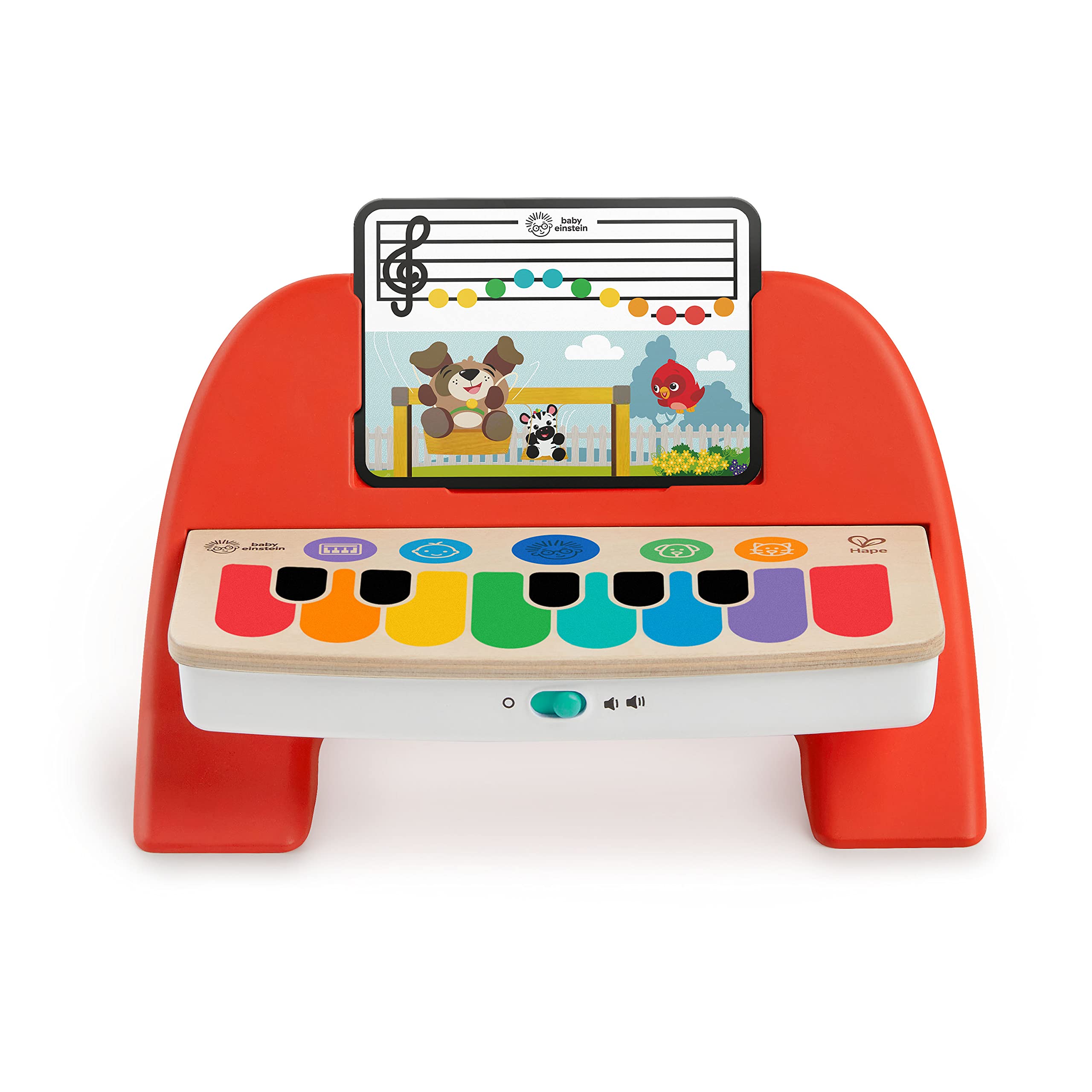Baby Einstein Cal's First Melodies piano on a wooden surface invites tactile music exploration.