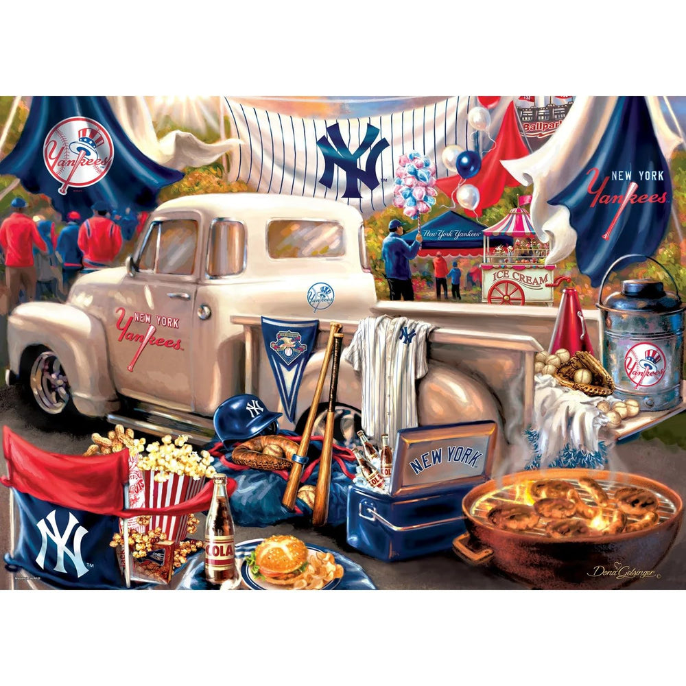 Baby Fanatic MasterPieces 1000pc Yankee puzzle box and pieces on display