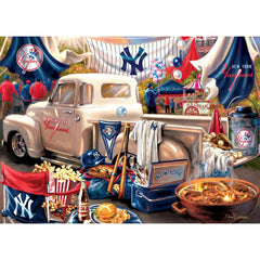 Baby Fanatic MasterPieces 1000pc Yankee puzzle box and pieces on display