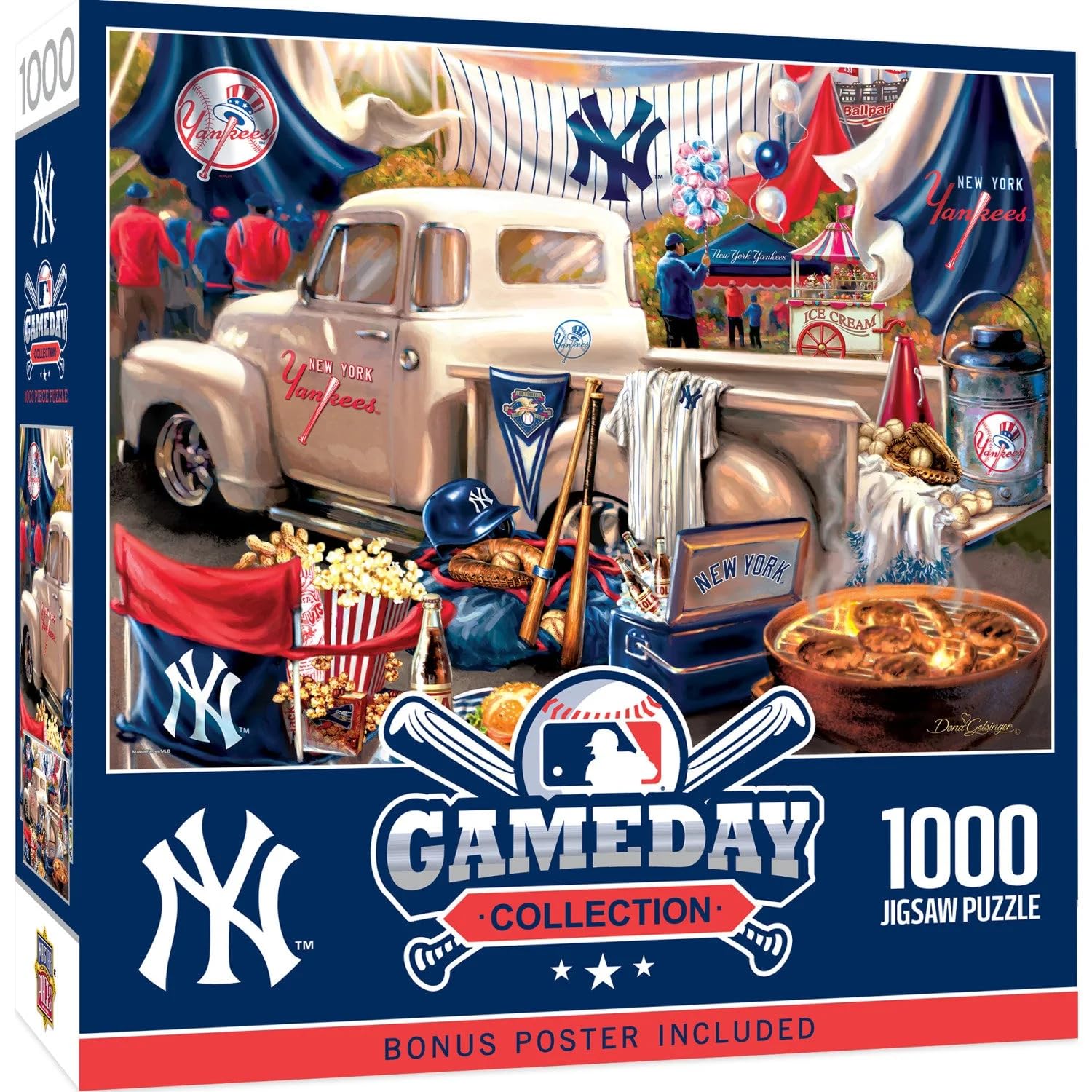 Baby Fanatic MasterPieces 1000pc Yankee puzzle laid out for family game night