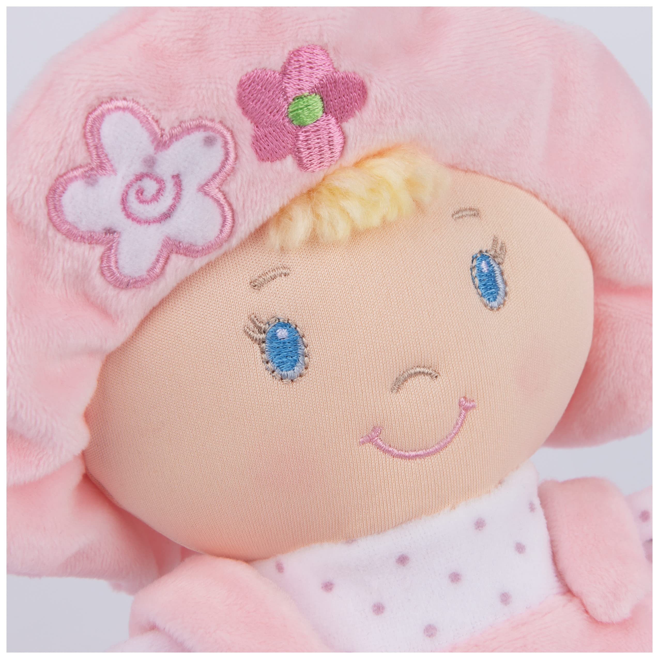 Baby GUND My First Dolly features embroidered facial details for safe play.