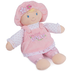 Baby GUND My First Dolly in a pink-white frilly dress for imaginative play.