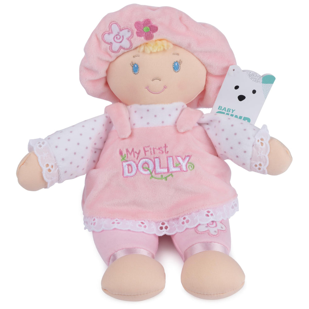 Baby GUND My First Dolly ships in a protective poly bag for gifting.
