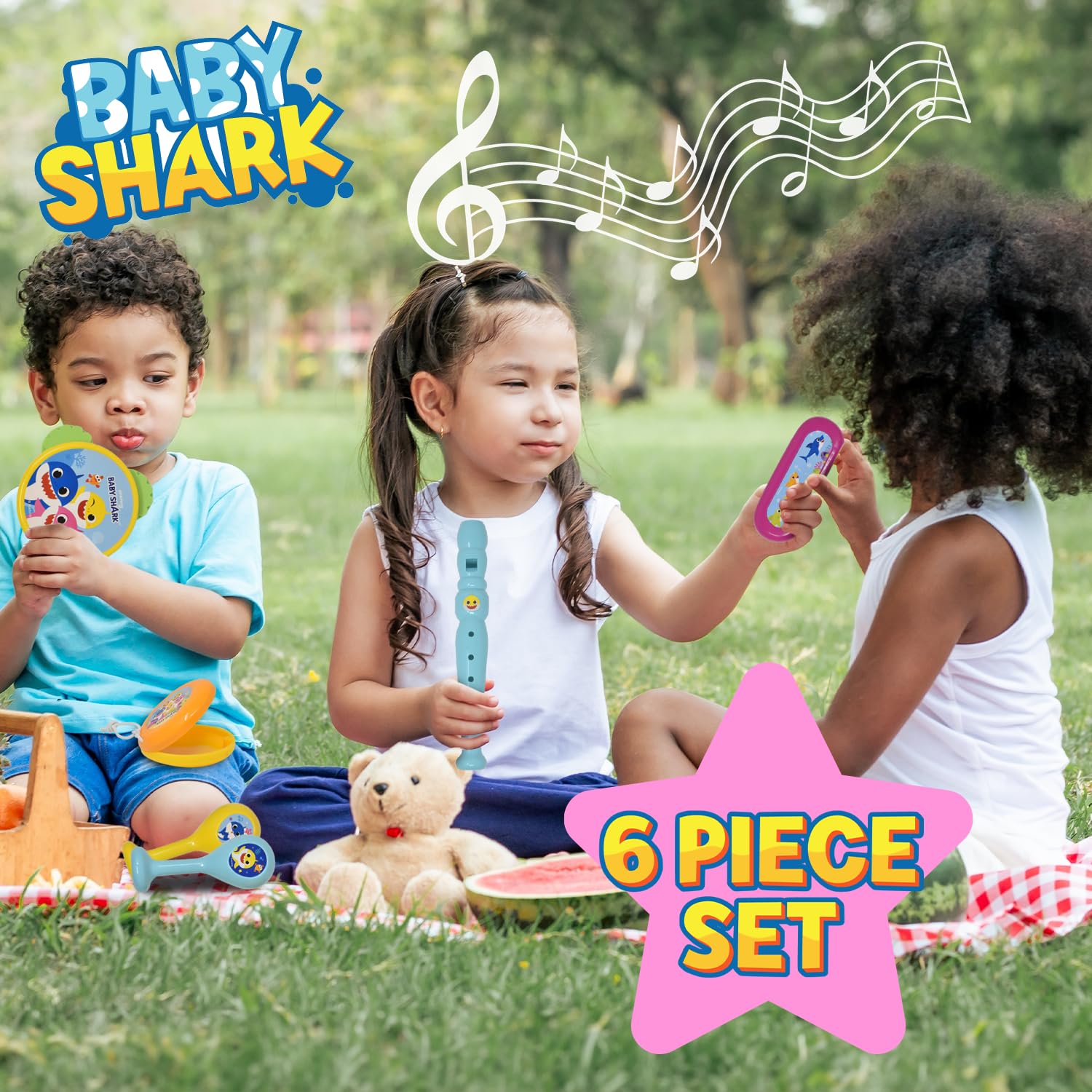Baby Shark six-piece-instrument-pack offers diverse sounds for imaginative musical fun.