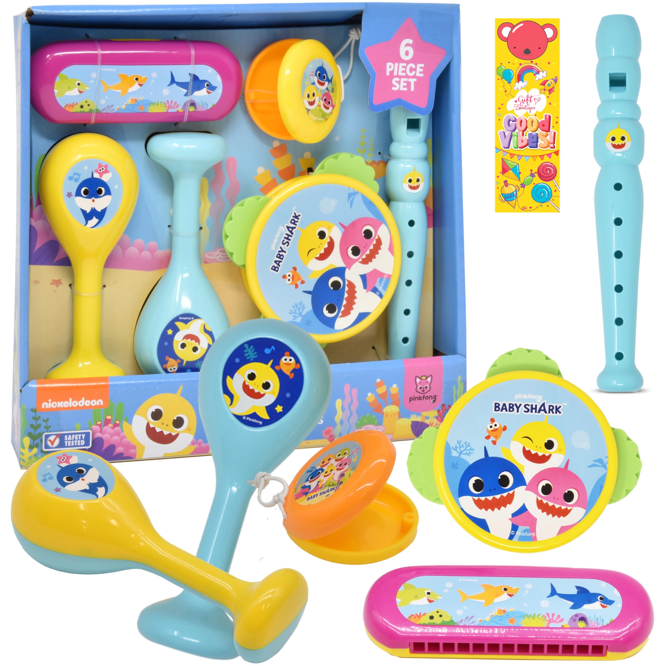 Baby Shark tambourine set boosts rhythm exploration for toddlers during family music time.