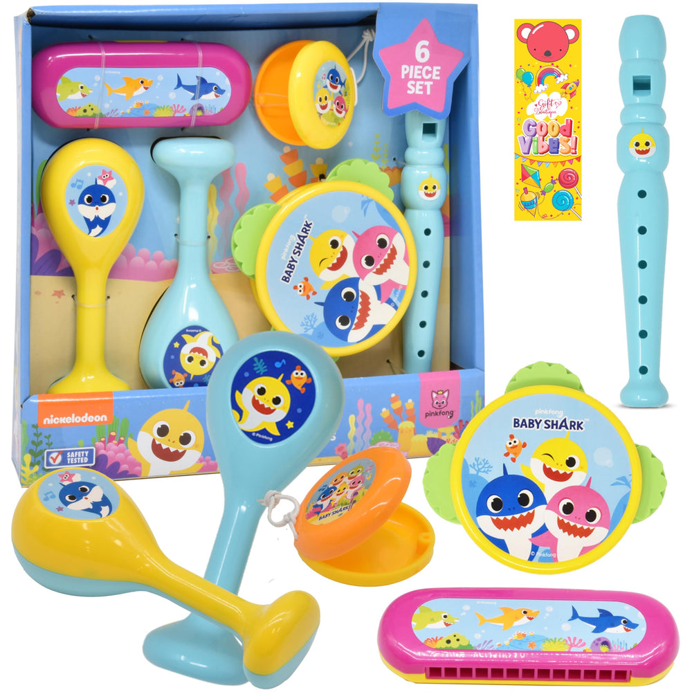 Baby Shark tambourine set boosts rhythm exploration for toddlers during family music time.