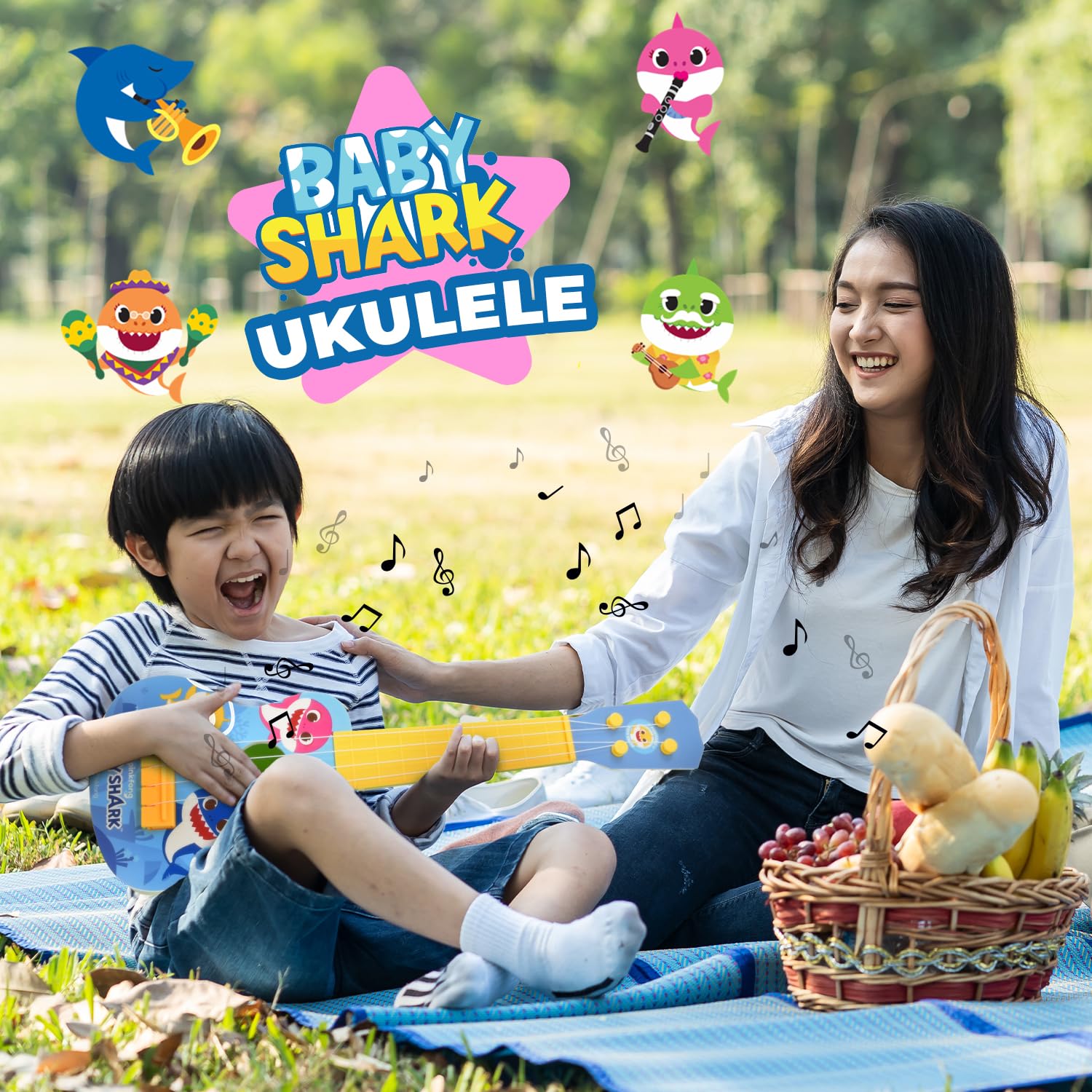 Baby Shark ukulele's bright design invites kids to join family jam.