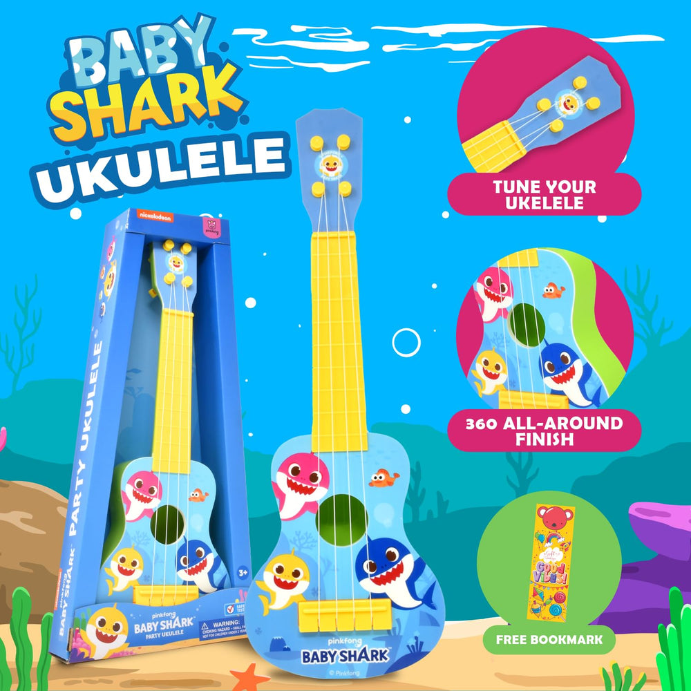 Baby Shark ukulele demonstrates learning rhythm patterns for toddlers during play.
