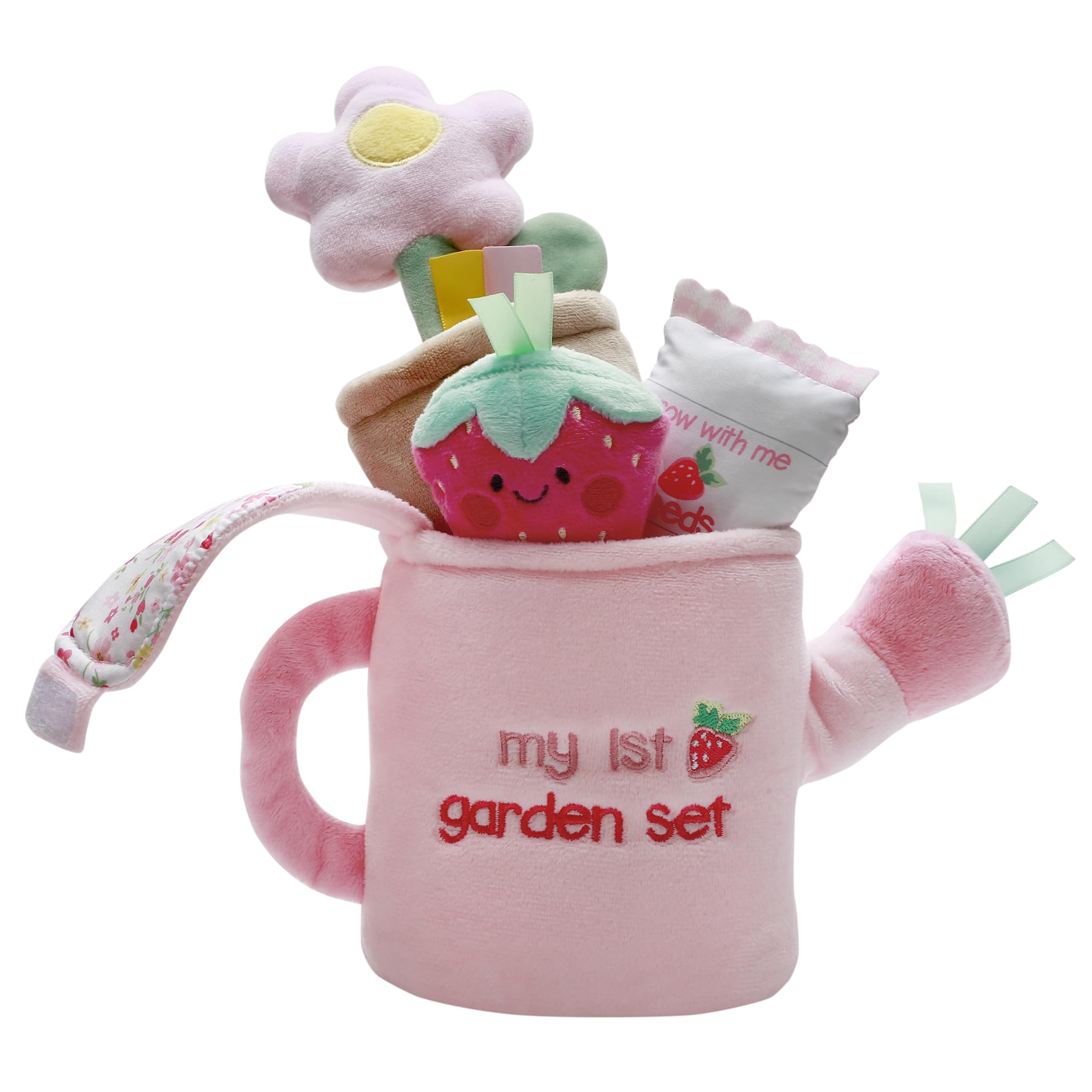 Baby Starters plush strawberry with rattle enhances sensory exploration during playtime.