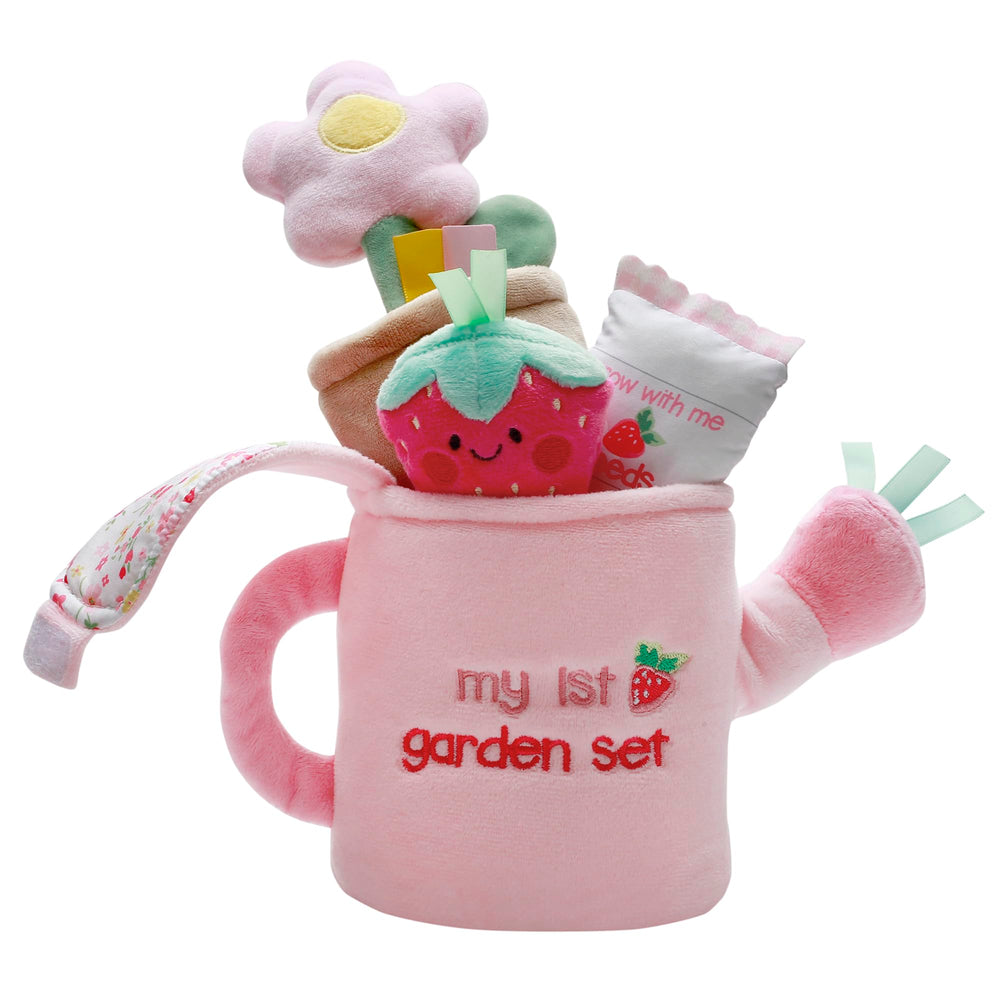 Baby Starters plush strawberry with rattle enhances sensory exploration during playtime.
