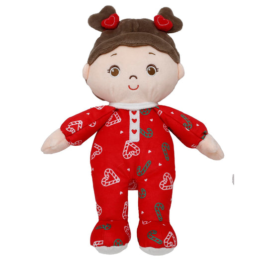 Baby Starters Ruby doll in printed red pajamas, a cozy holiday cuddle companion.