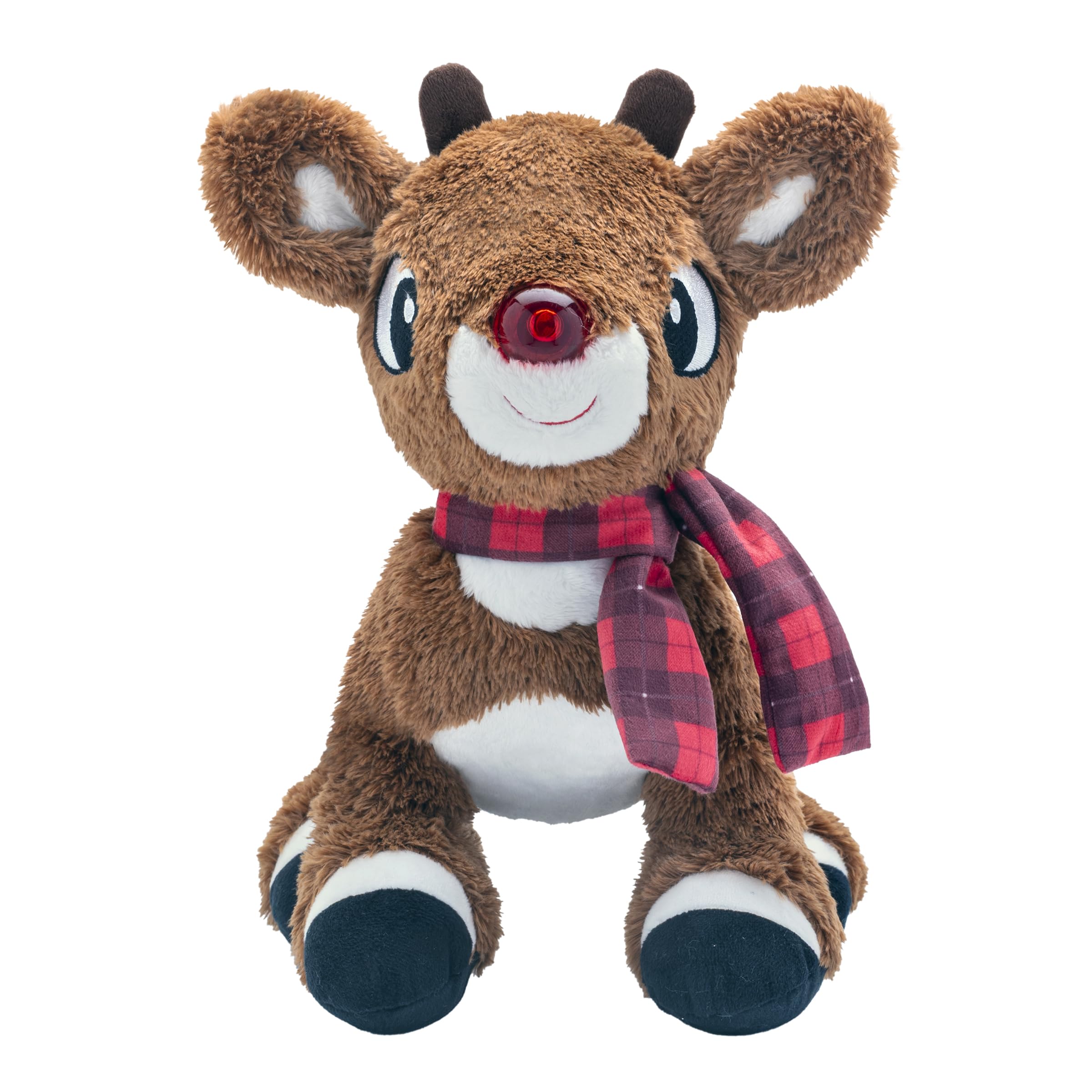 Rudolph red plaid scarf detail enhances festive holiday charm
