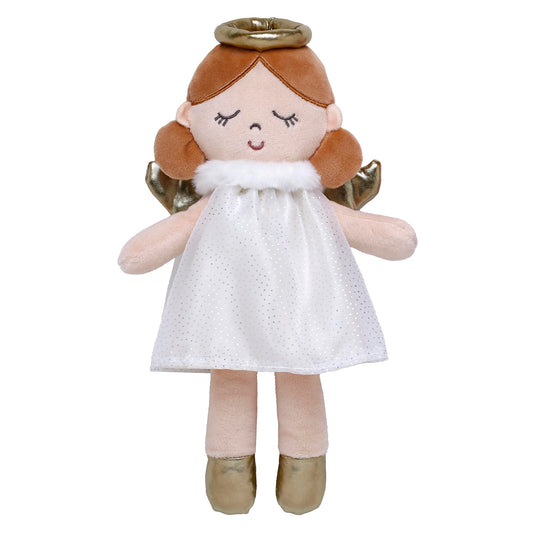 Baby Starters Stella angel doll with sparkly dress and halo, ideal for calm cuddles with newborns.