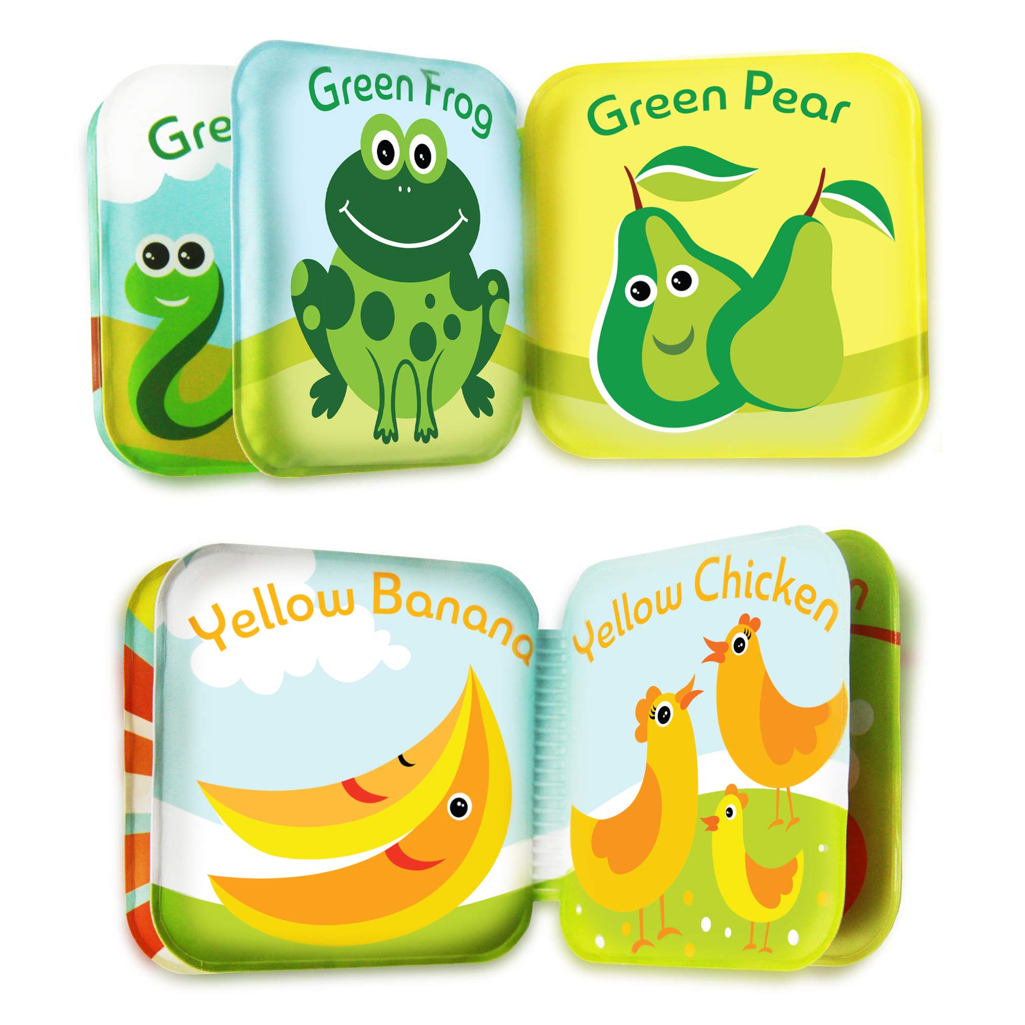 BabyBibi green pages bath book encourages color recognition with colorful illustrations.