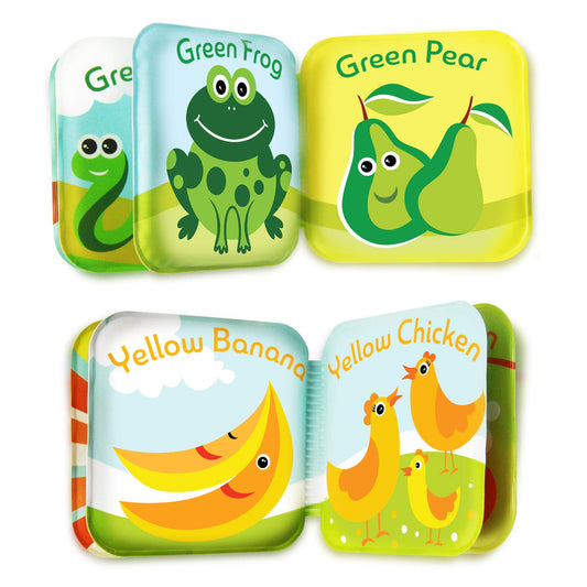 BabyBibi green pages bath book encourages color recognition with colorful illustrations.