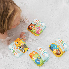 BabyBibi waterproof bath toy features colorful animals for visual stimulation.