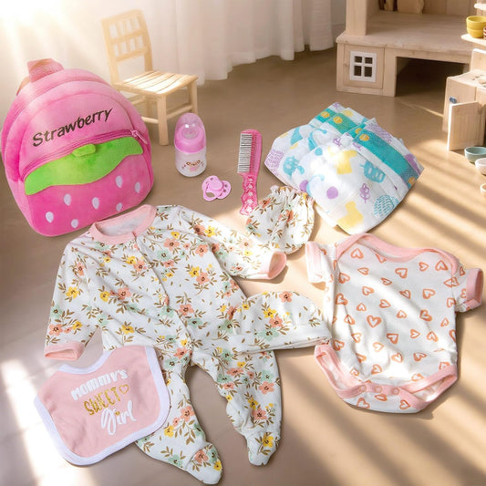 Babyfere floral pink dress and romper ideal for lifelike doll wardrobes.