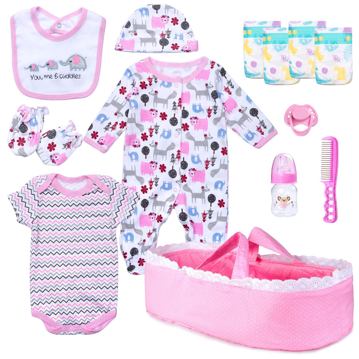 Babyfere pink elephant bassinet with doll for secure cradle play