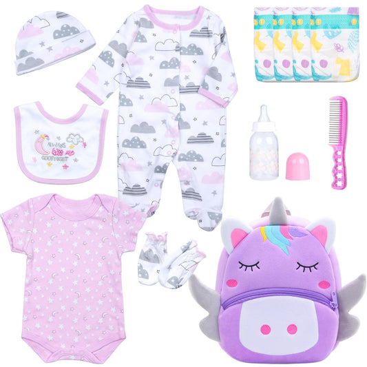 Babyfere purple unicorn backpack for 18-22 inch reborn dolls, ideal as a portable diaper bag.