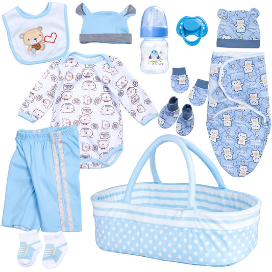 Babyfere blue bear jumpsuit on a 17-22 inch reborn doll for easy dressing and styling