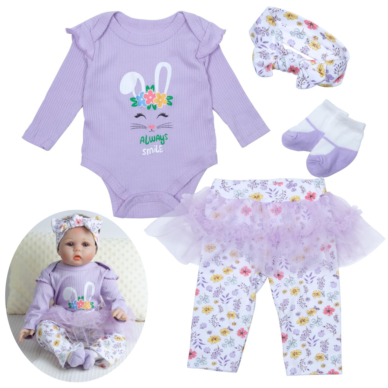 Babyfere 22-inch reborn set with purple rabbit theme, soft and ready for play.