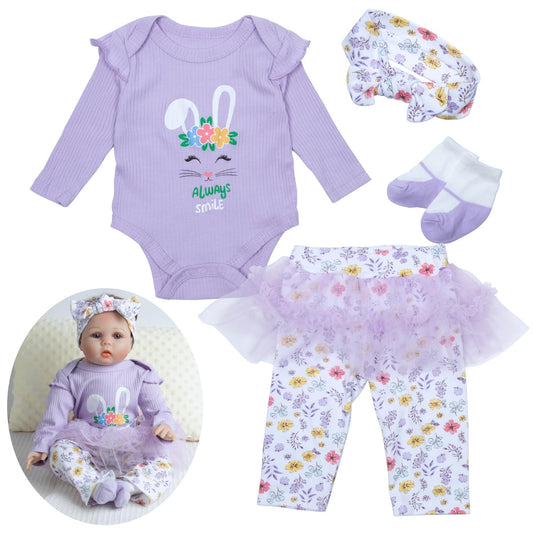 Babyfere 22-inch reborn set with purple rabbit theme, soft and ready for play.