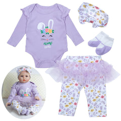 Babyfere 22-inch reborn set with purple rabbit theme, soft and ready for play.