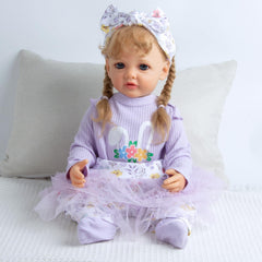 Babyfere headband adds finishing touch to purple rabbit outfits.