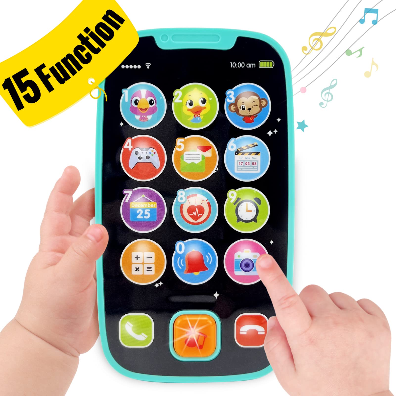 BABYFUNY toy phone front view with 15 learning buttons for exploration.