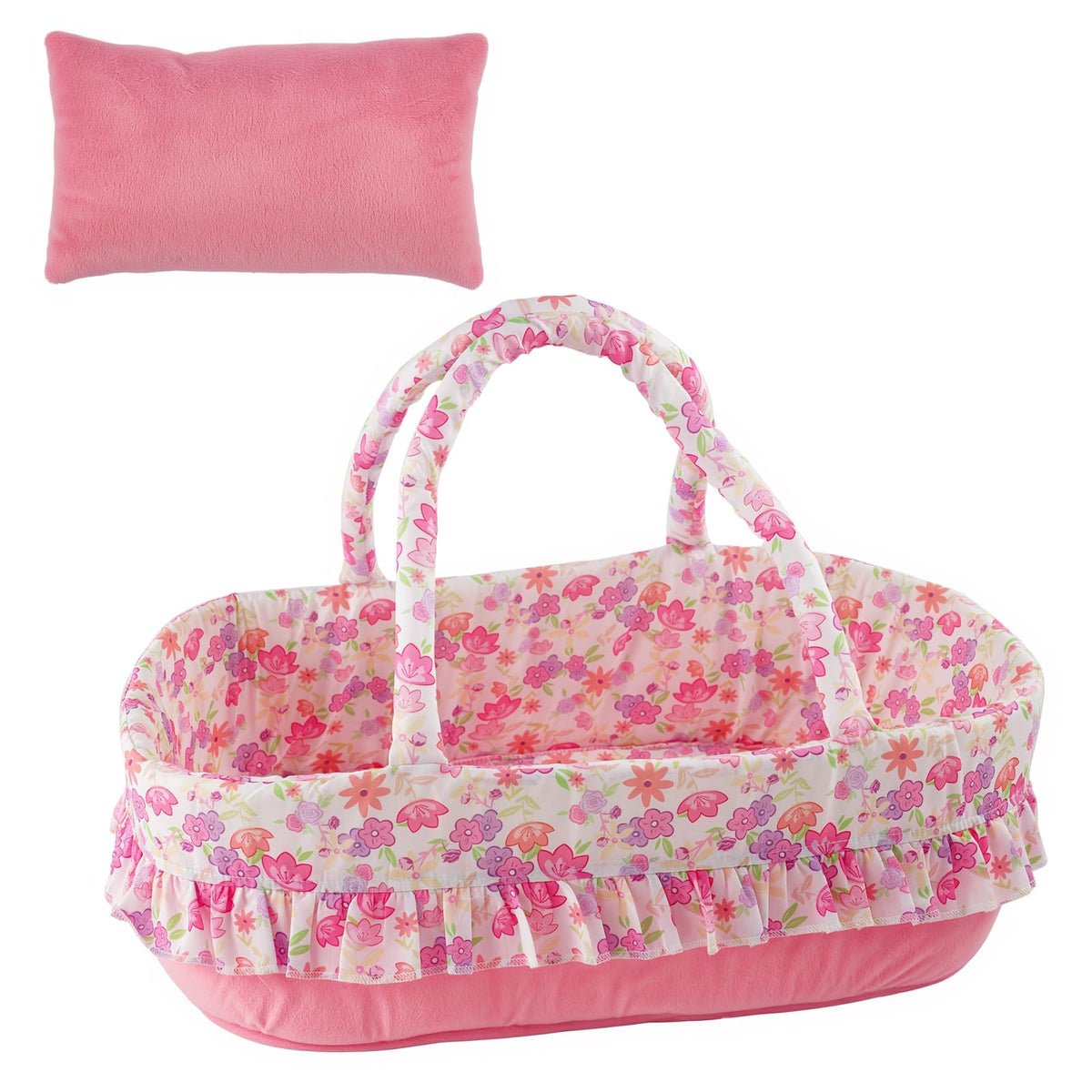 BABESIDE pink floral bassinet with pillow offering a cozy nap space for 17-22 inch dolls